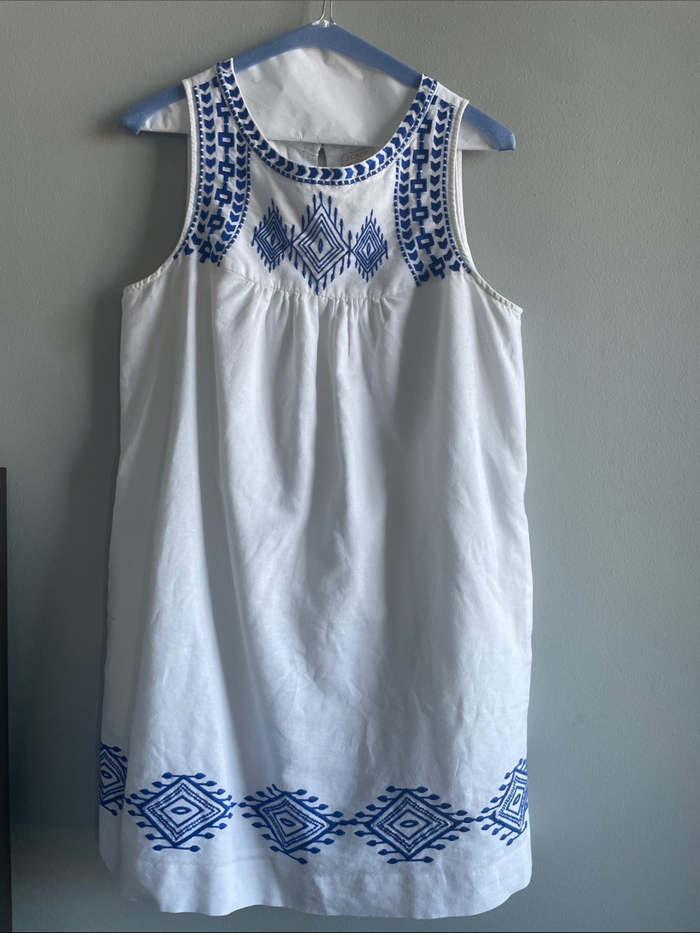 J. Crew White Cotton/Linen Sundress with Blue Embroidered Trim | size 4